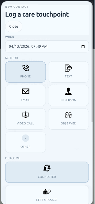 The Fold mobile care logging view for recording support follow-through