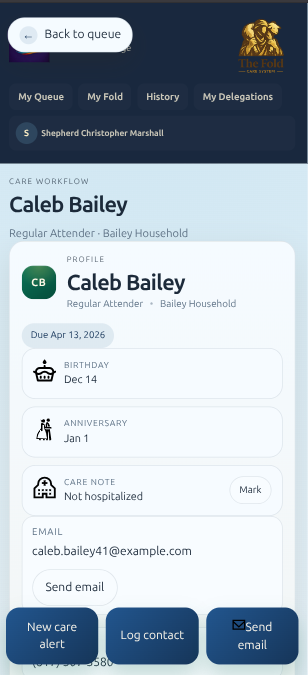 The Fold mobile person detail view with care context and support history